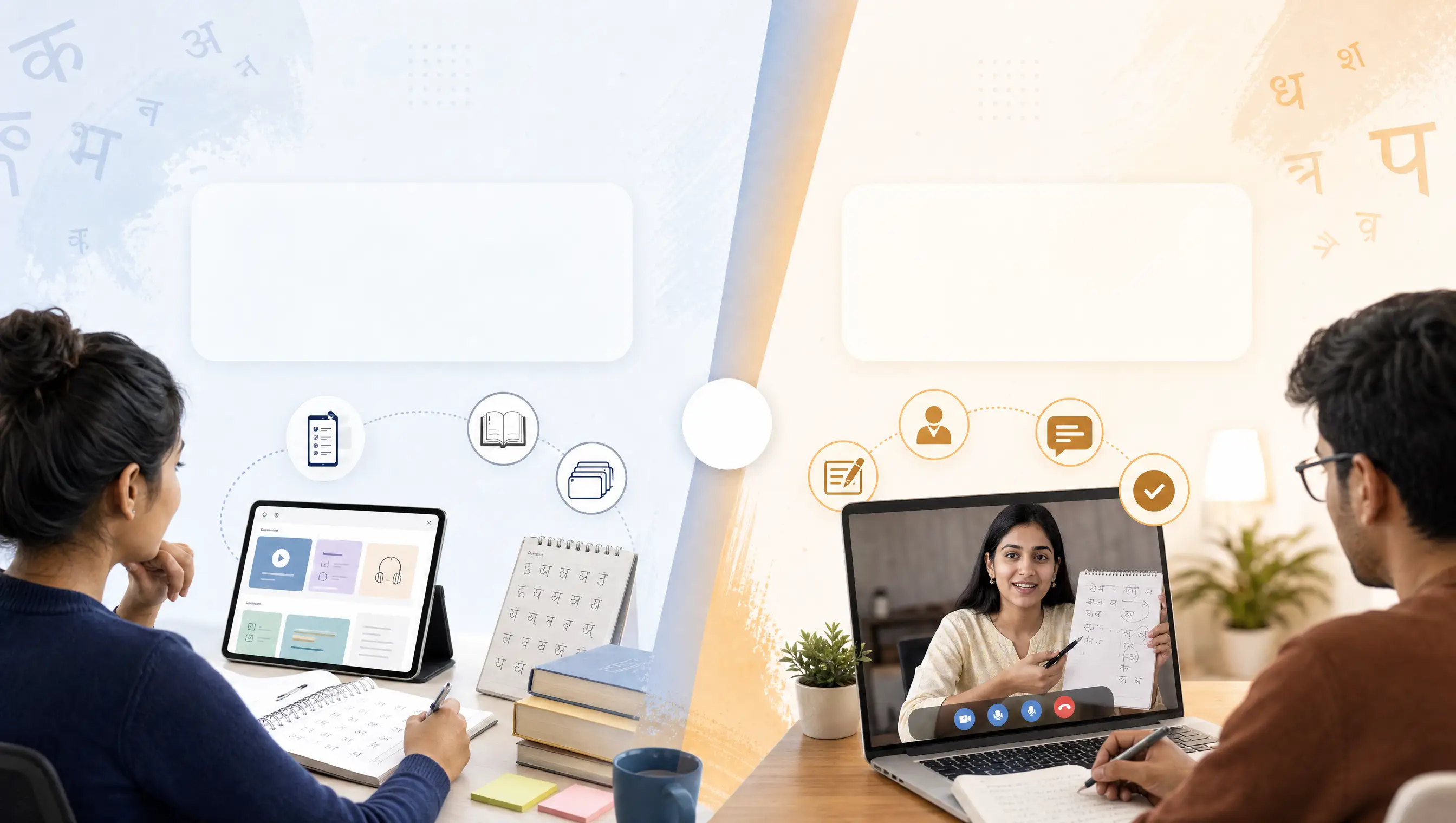 Comparison visual showing Hindi app study and live tutoring practice