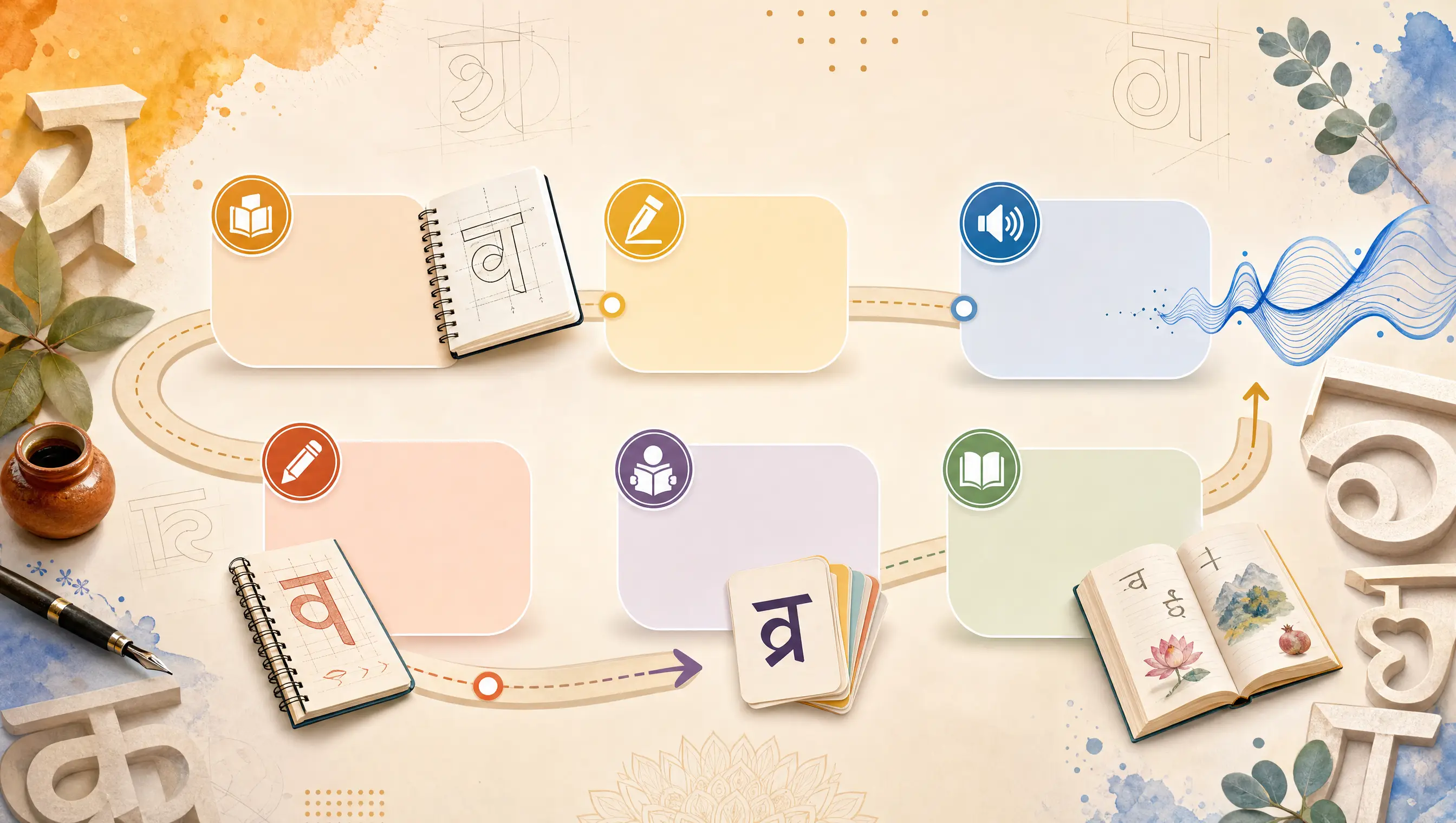 Visual map of Devanagari learning stages with notebooks and sound cues