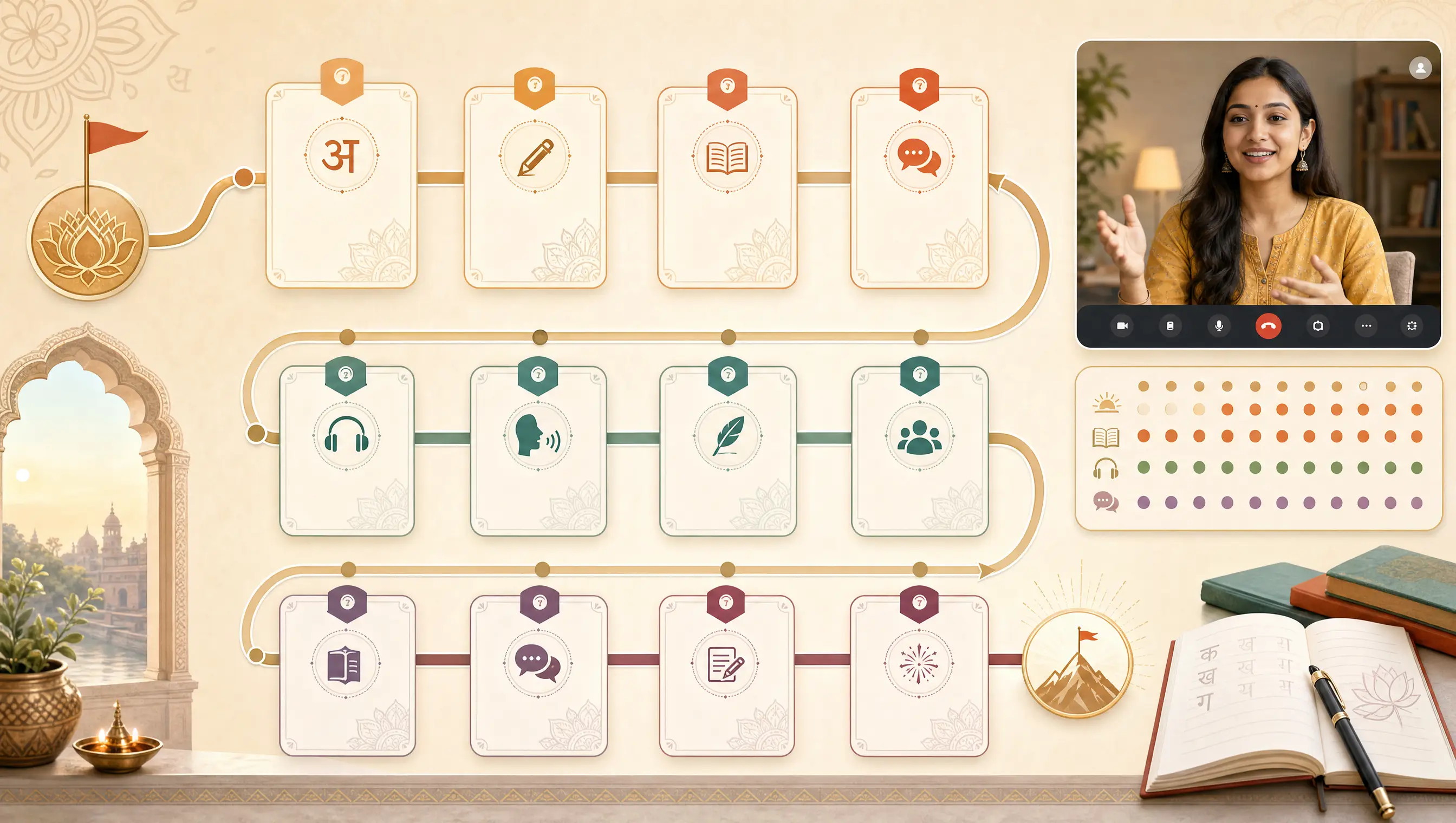 Visual twelve-week Hindi course roadmap with video lesson and practice milestones
